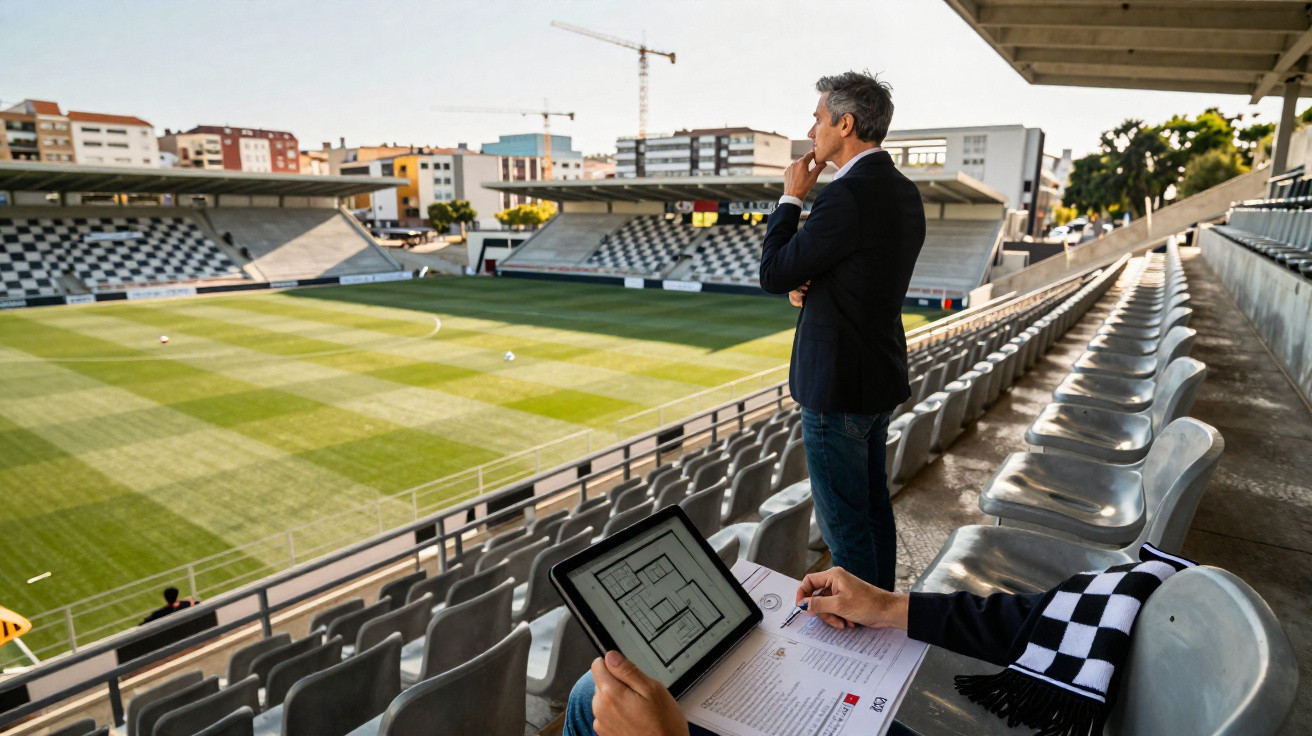 Homem pensativo de pé nas bancadas de um estádio de futebol, com outra pessoa a consultar plantas num tablet.