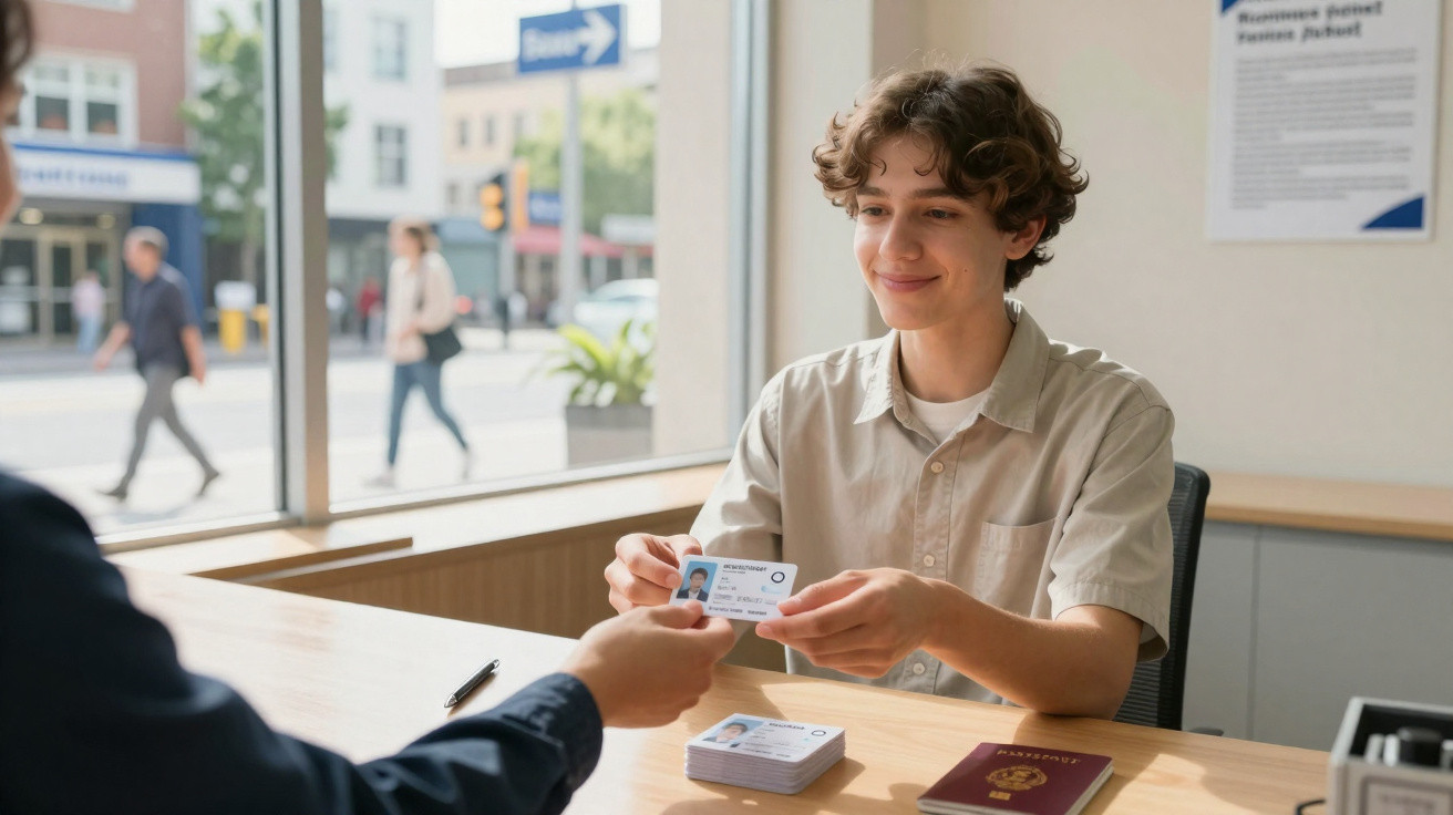 Jovem a entregar cartão de identificação numa receção com passaporte sobre a mesa e rua visível ao fundo.
