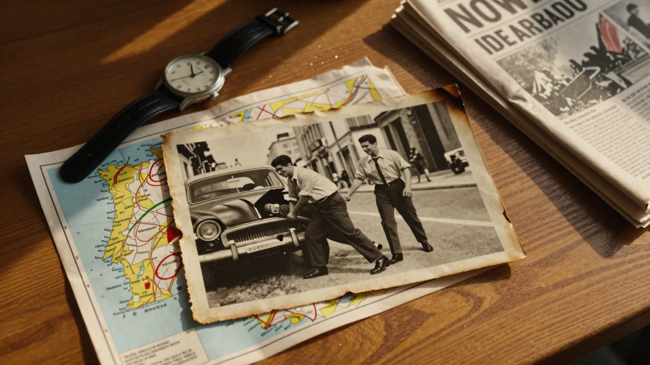 Relógio, mapa, fotografia antiga a preto e branco com dois homens perto de um carro e jornal sobre mesa de madeira.