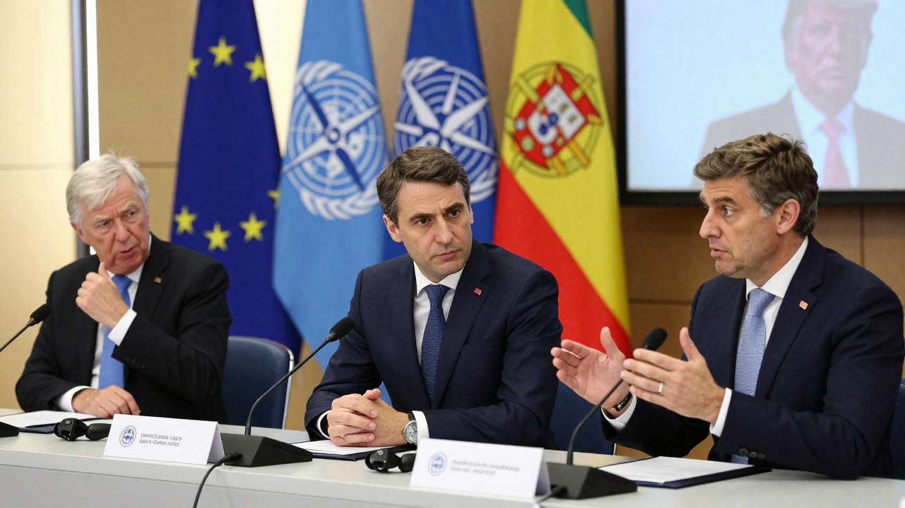 Três homens de fato azul sentados numa mesa em conferência, com bandeiras da UE, ONU, NATO e Portugal ao fundo.