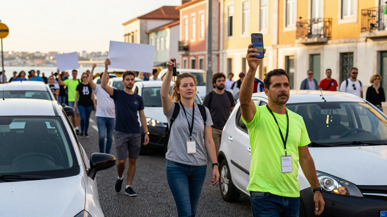 Grupo de pessoas numa manifestação pacífica numa rua urbana com carros estacionados e placas em branco.