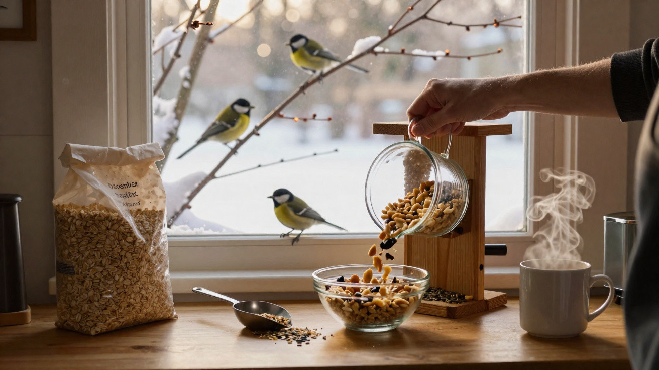 Pessoa a deitar misturas de sementes e frutos secos num alimentador de aves junto a janela com três pardais pousados.