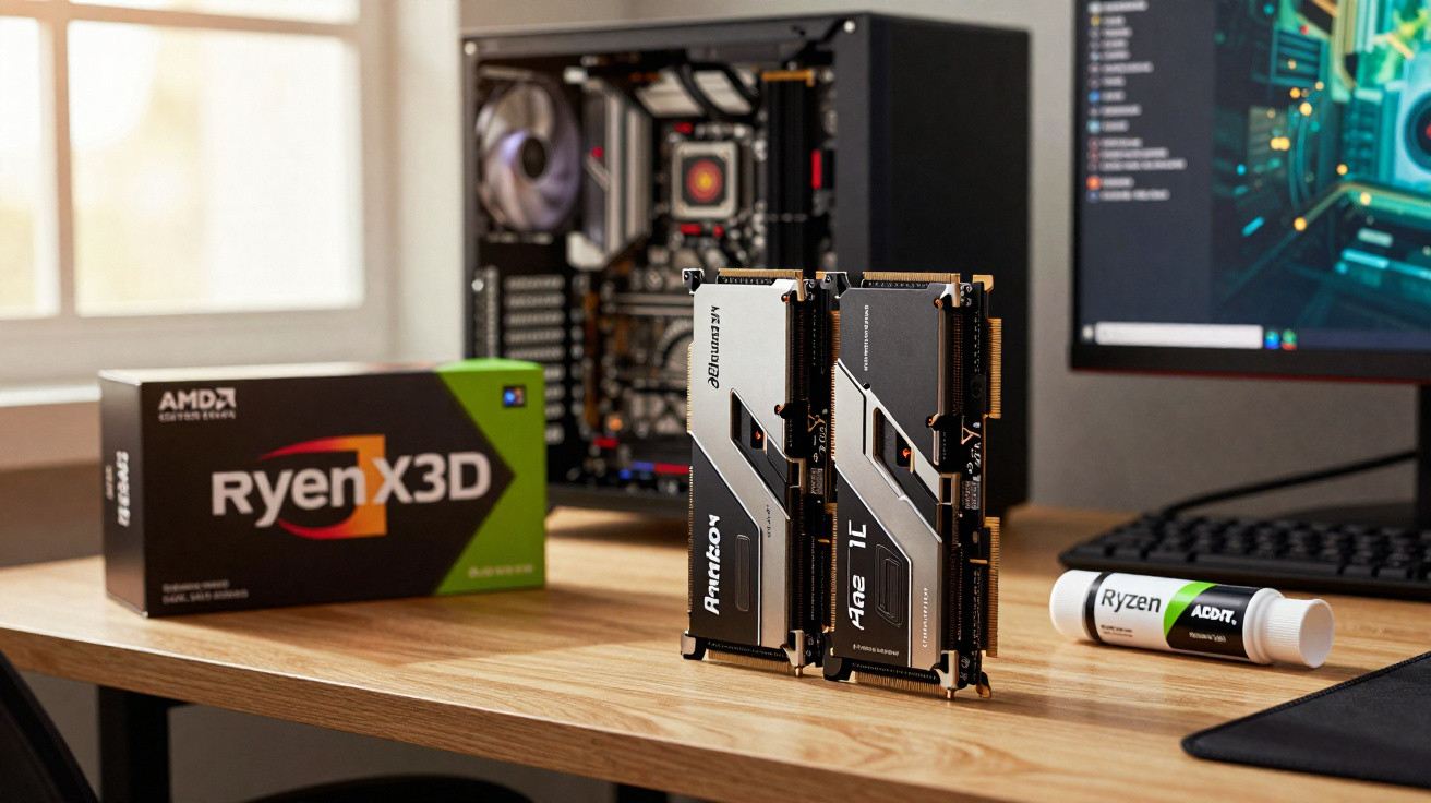 Dois módulos de RAM Patriot em cima de secretária com caixa Ryzen X3D, computador aberto e ecrã ao fundo.