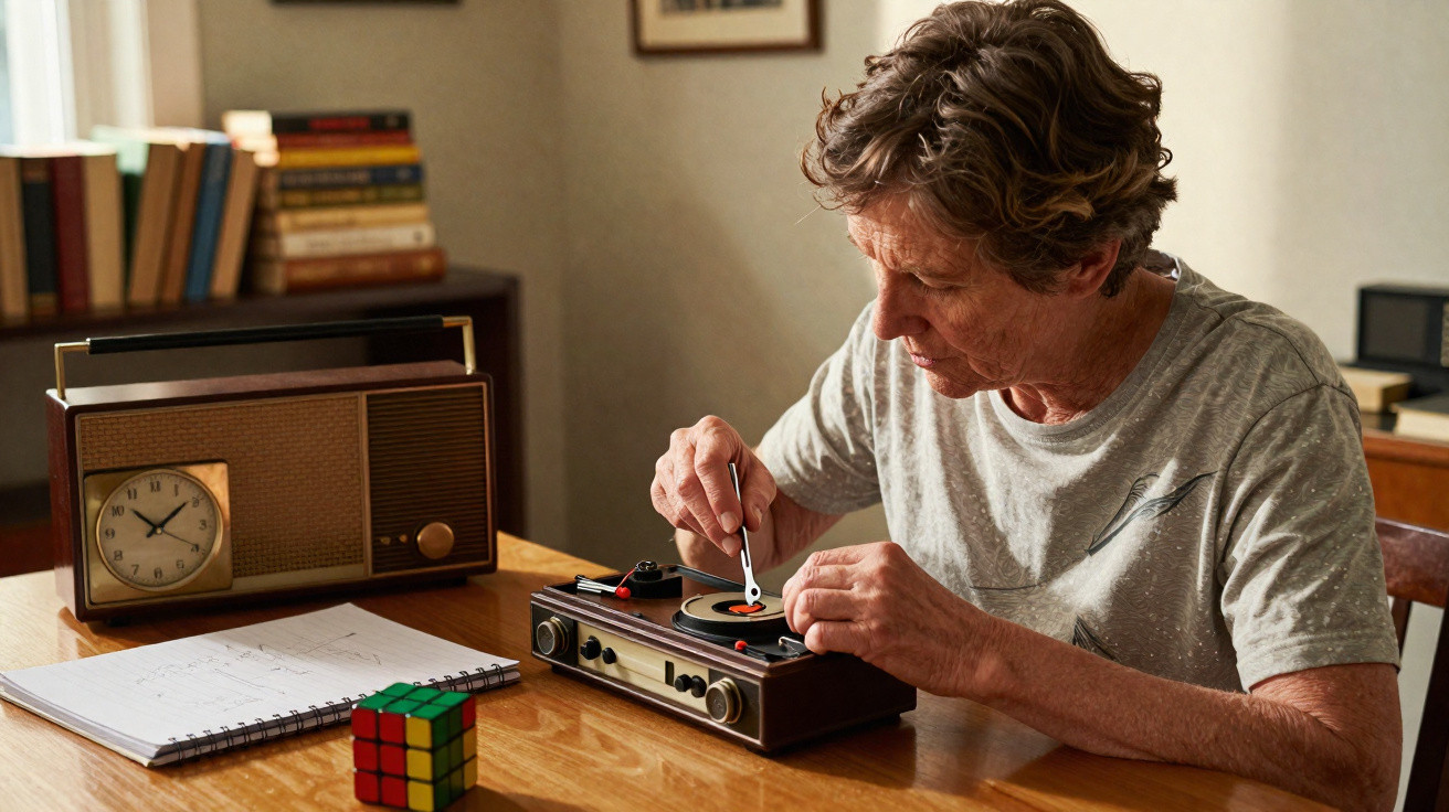 Homem idoso sentado a reparar um relógio antigo numa sala com rádio vintage e cubo de Rubik.