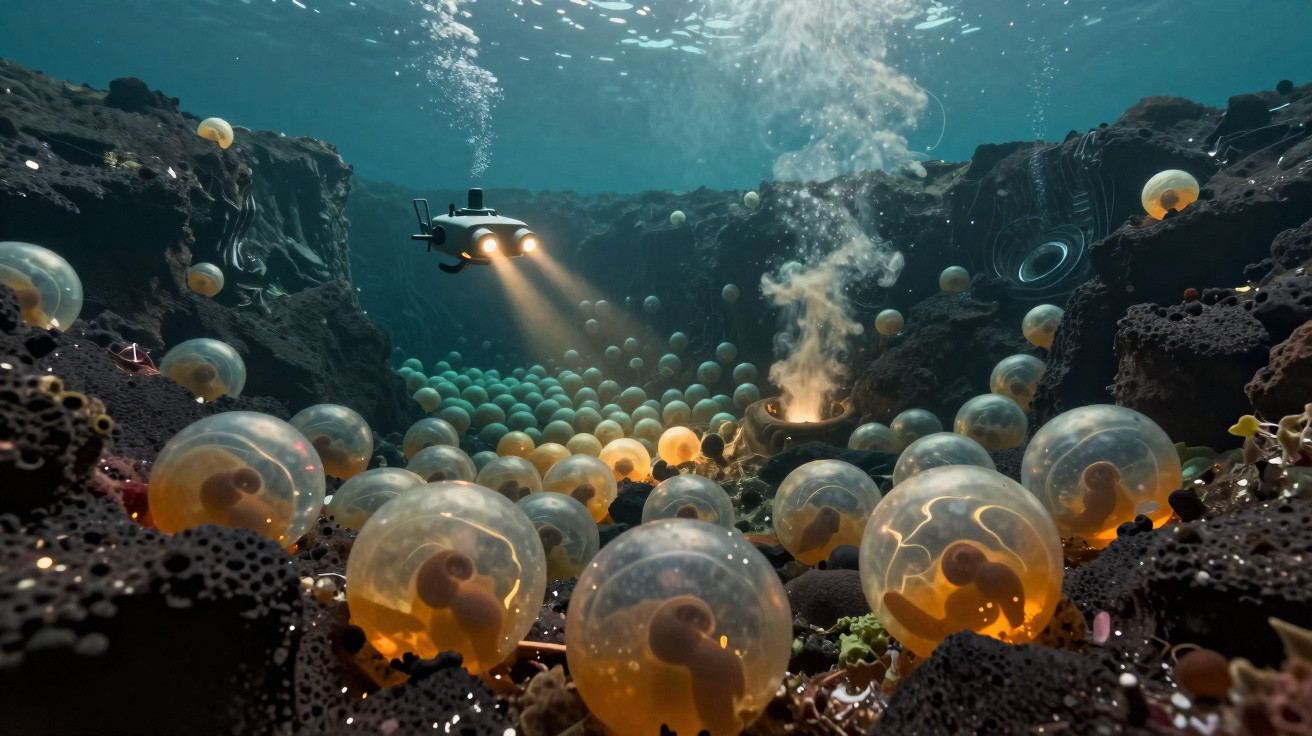 Submarino explora profundo oceano com esferas luminosas contendo formas embrionárias.