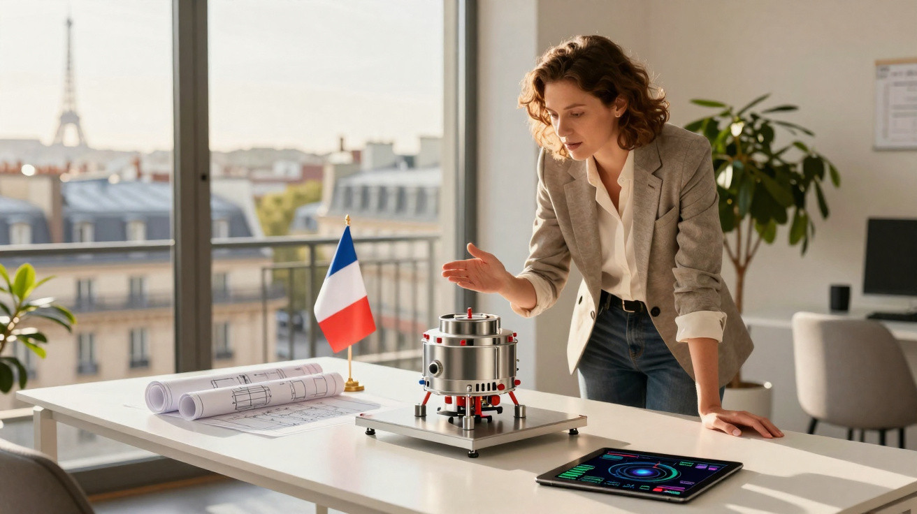 Mulher a analisar protótipo de engenhoca em escritório com planta da Torre Eiffel ao fundo.