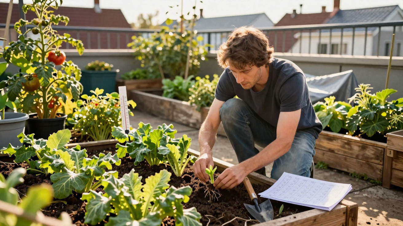 Homem a transplantar uma planta numa horta urbana com várias plantas em vasos e canteiros.