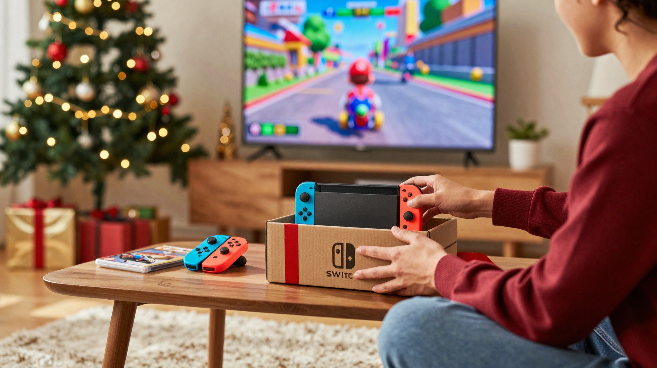 Pessoa desembrulha consola Nintendo Switch ao lado de árvore de Natal decorada numa sala confortável.