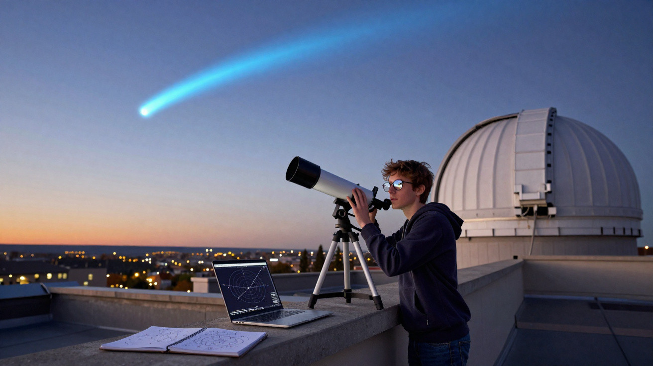 Jovem observa com telescópio no terraço ao anoitecer, com cometa no céu e caderno e computador na mesa.