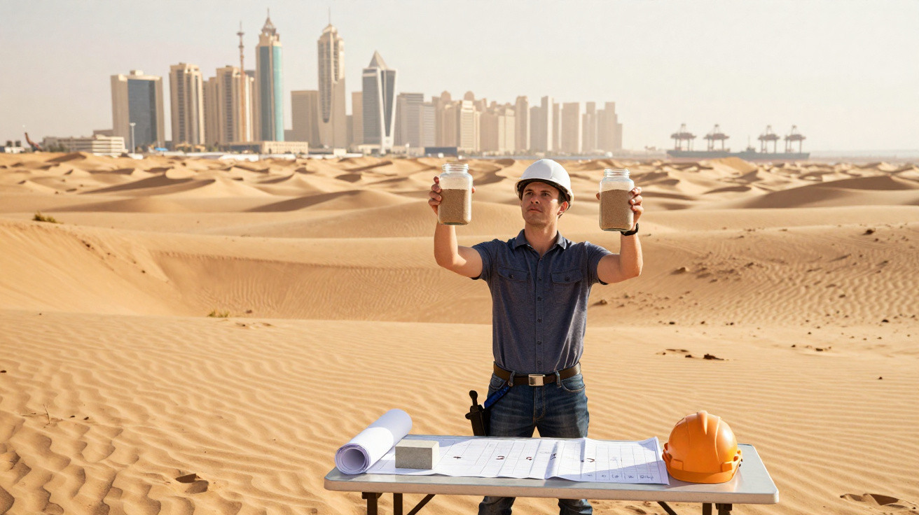 Engenheiro com capacete branco segura amostras de areia num deserto com arranha-céus ao fundo.