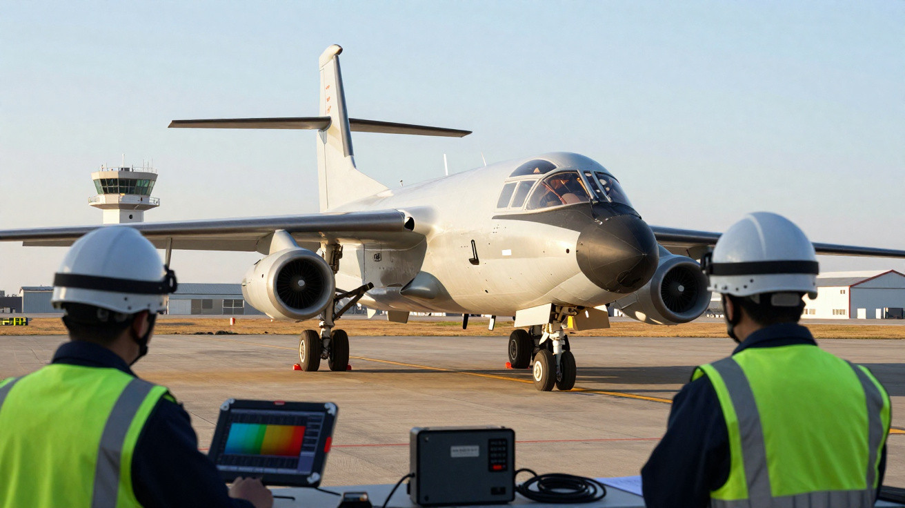 Avião militar branco no pátio do aeroporto com dois técnicos em coletes e capacetes a operar equipamentos.