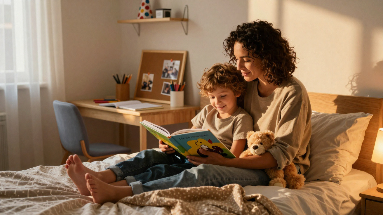 Mãe e filho sentados na cama a ler um livro infantil, com um urso de peluche, numa quarto acolhedor.