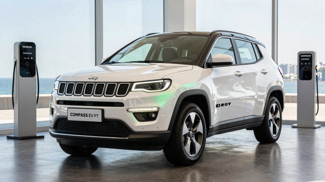 Jeep Compass EV branco estacionado numa estação de carregamento de veículos elétricos junto ao mar.