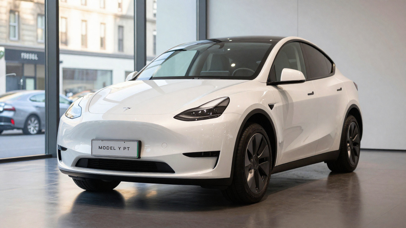Carro elétrico Tesla Model Y branco exibido numa sala de exposição com grandes janelas.