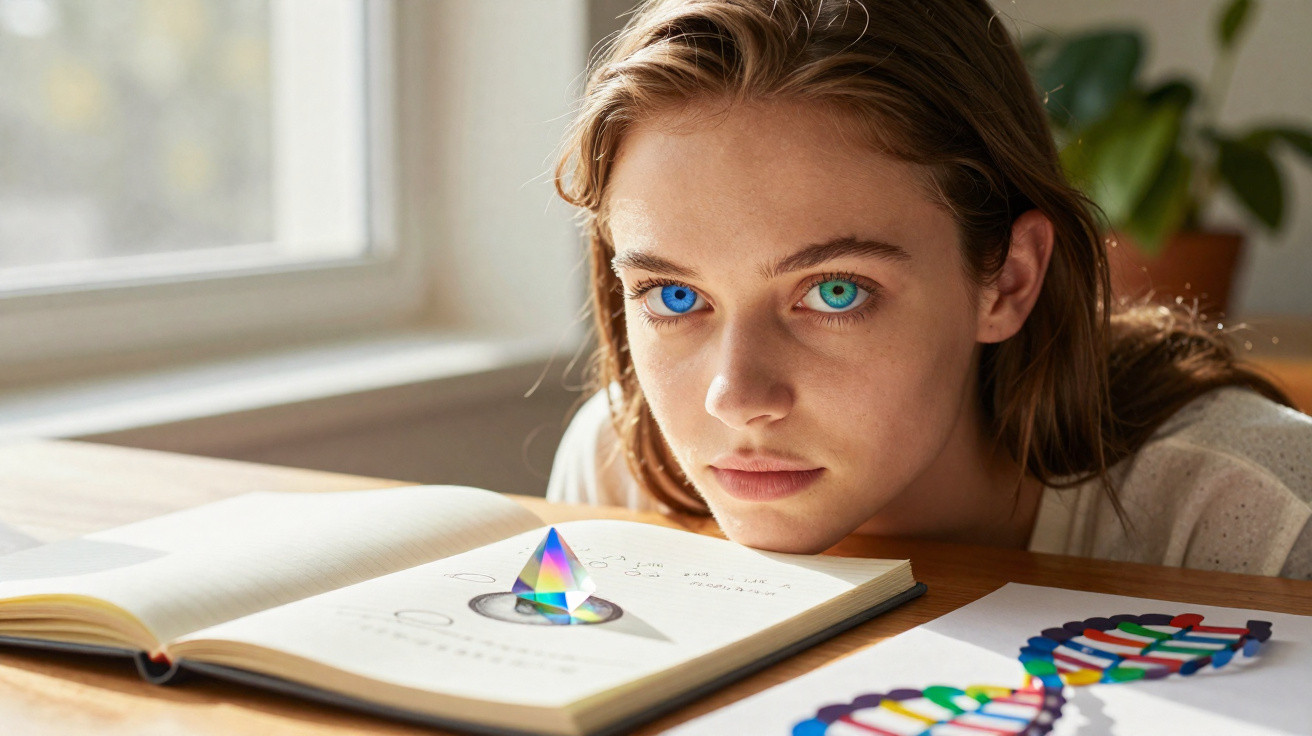 Rapaz com olhos de cores diferentes observa prisma triangular sobre livro aberto numa mesa com ilustração de DNA.