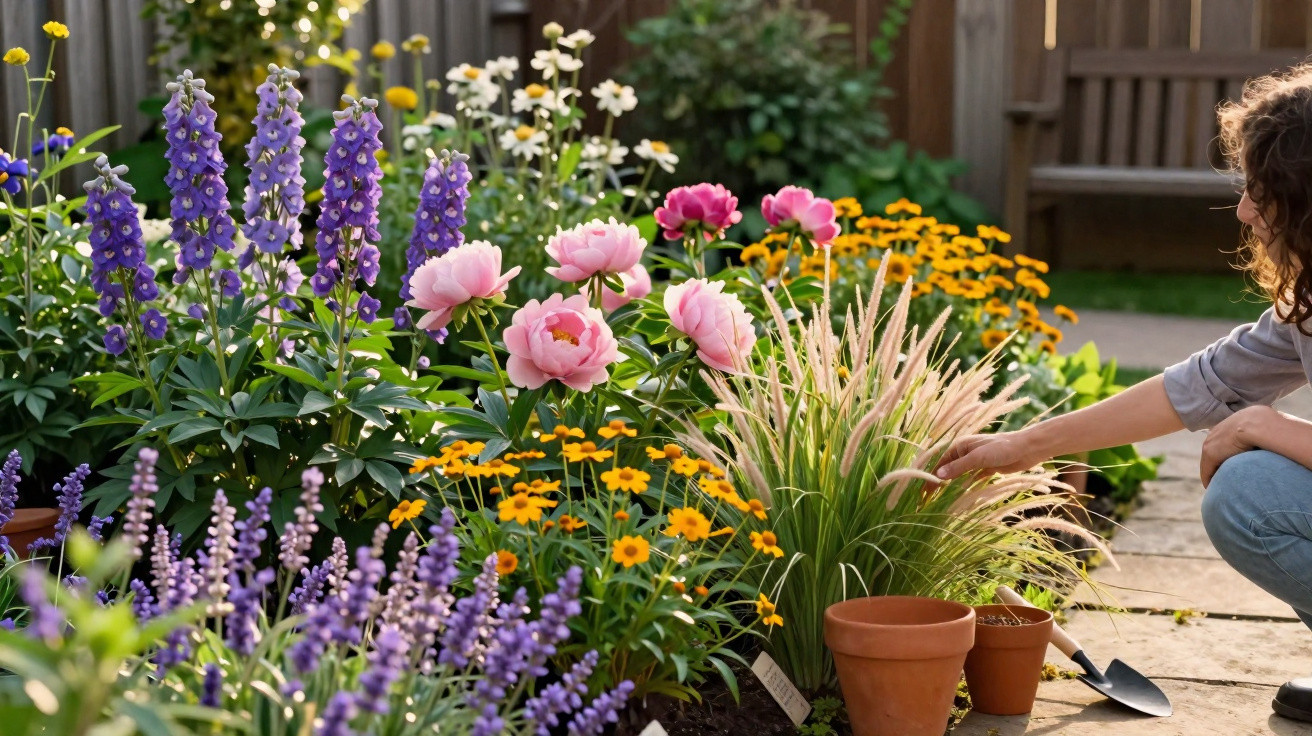 Jardim colorido com flores variadas e pessoa a cuidar das plantas num dia ensolarado.