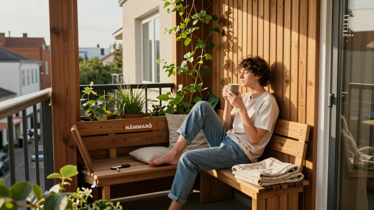 Jovem sentado numa varanda de madeira, a beber numa chávena, rodeado de plantas ao pôr do sol.