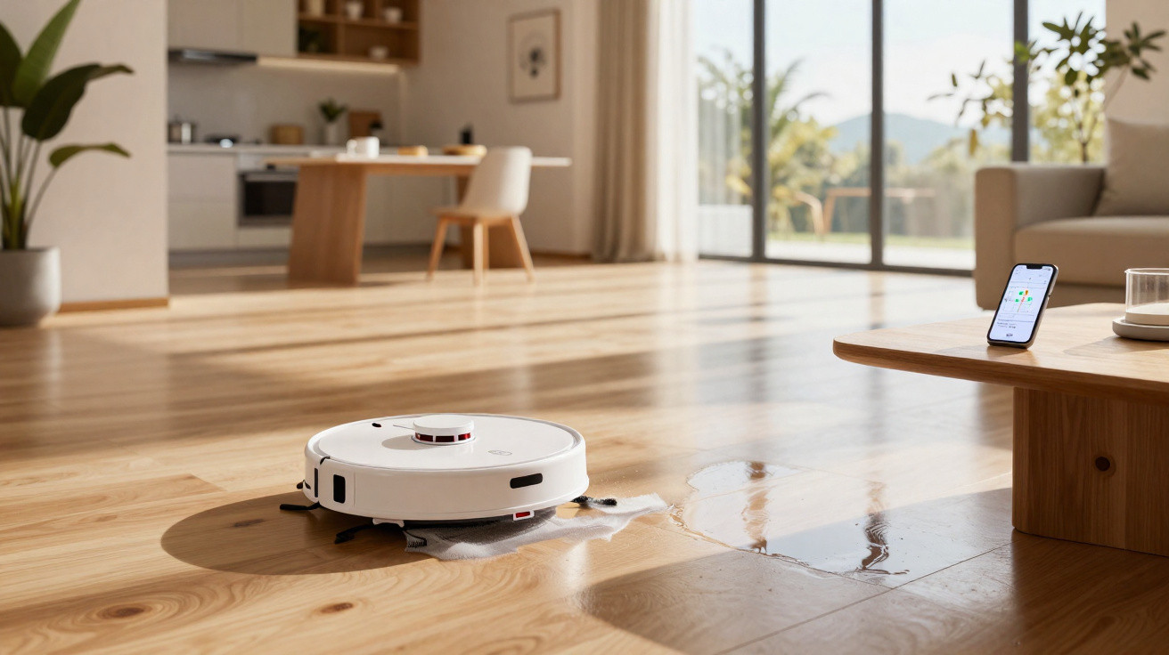 Aspirador robot branco a limpar líquido derramado no chão de madeira numa sala moderna e luminosa.