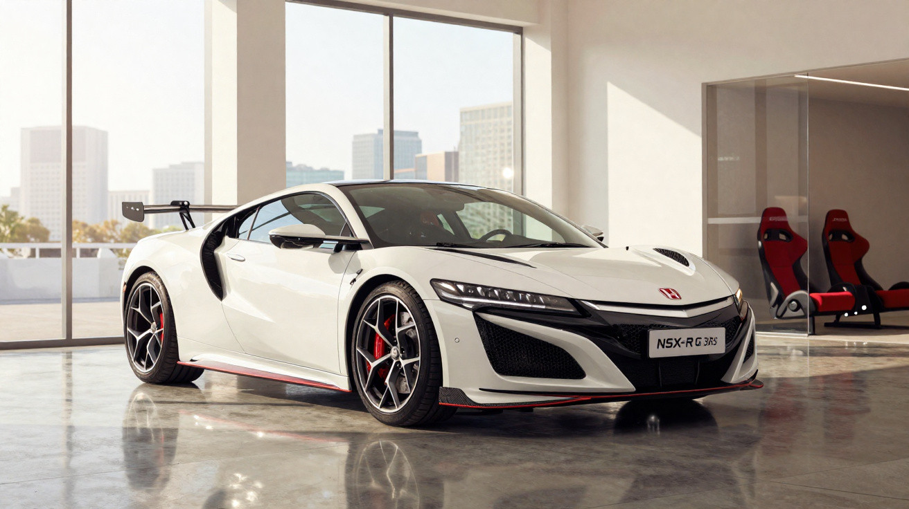 Carro desportivo branco Honda NSX-R GT em showroom moderno com cadeiras vermelhas ao fundo.
