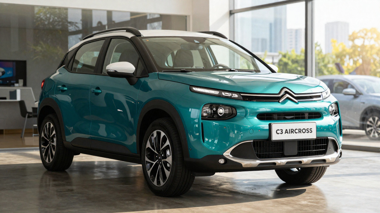 Automóvel Citroën C3 Aircross azul exibido numa sala de exposição com janelas grandes.