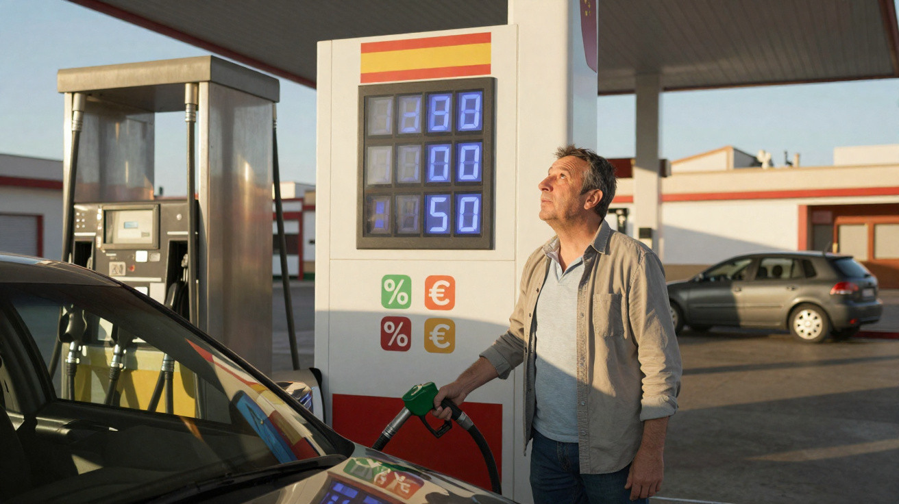 Homem a abastecer carro numa bomba de combustível com preços visíveis ao fundo num posto de gasolina.