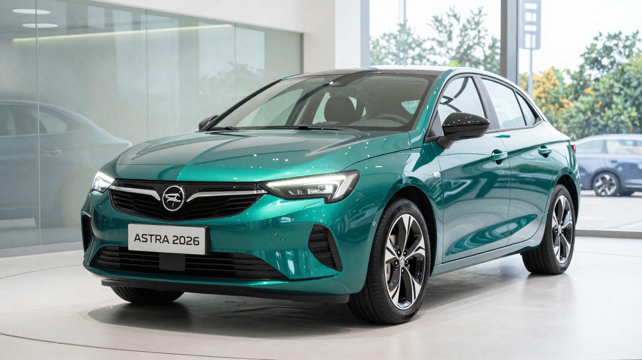 Carro Opel Astra 2026 verde, exposto em showroom moderno com grandes janelas e iluminação natural.