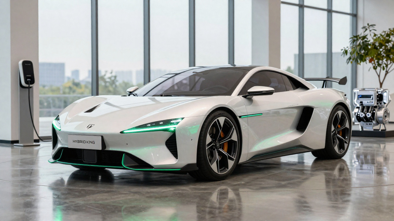 Carro desportivo elétrico branco com luzes verdes e carregador numa sala iluminada com grandes janelas.