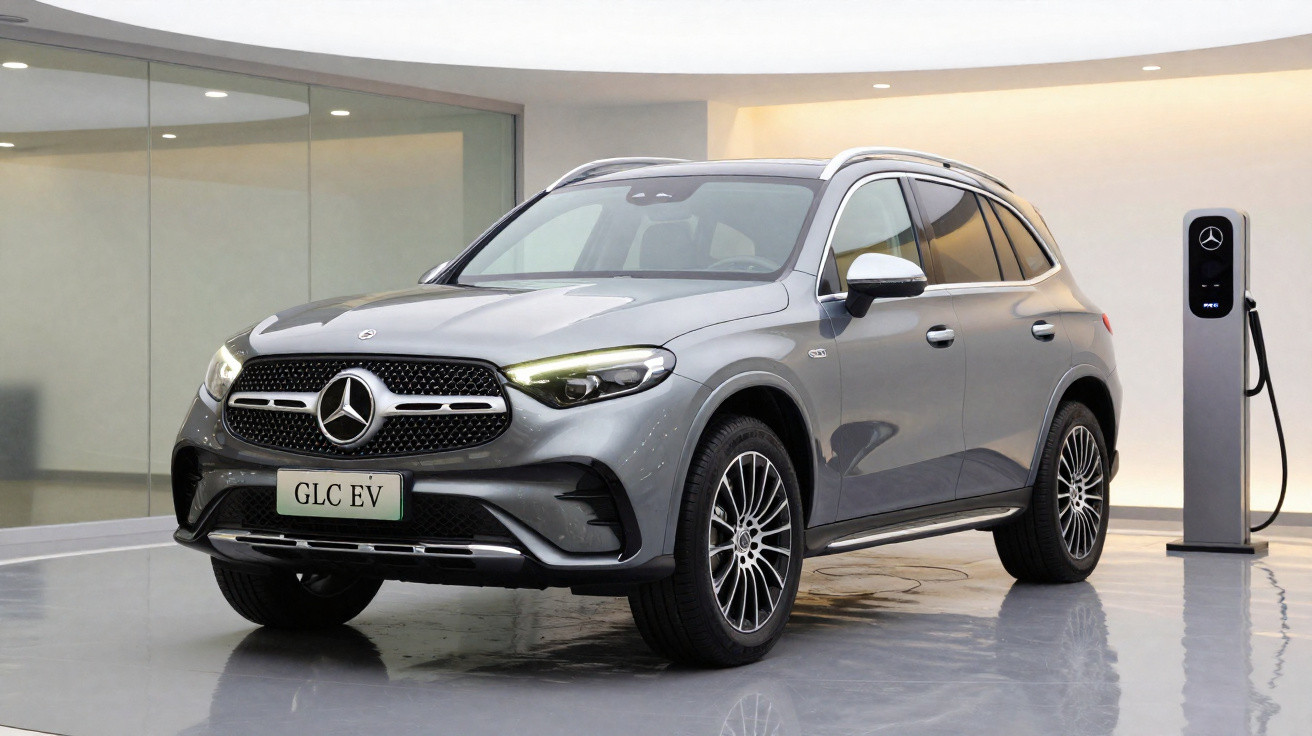 SUV elétrico Mercedes-Benz GLC EV cinzento estacionado junto a um posto de carregamento interior.