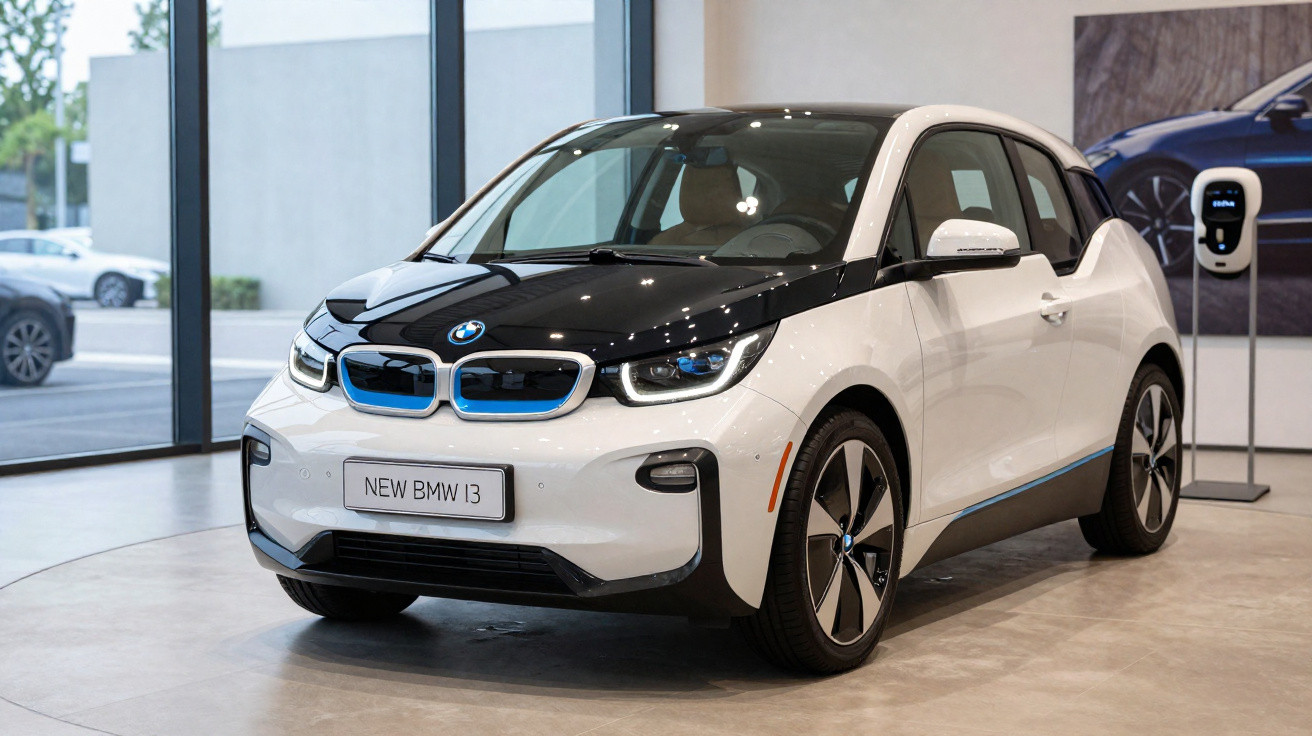 Carro elétrico BMW i3 branco e preto em exposição numa loja moderna com carregador ao fundo.