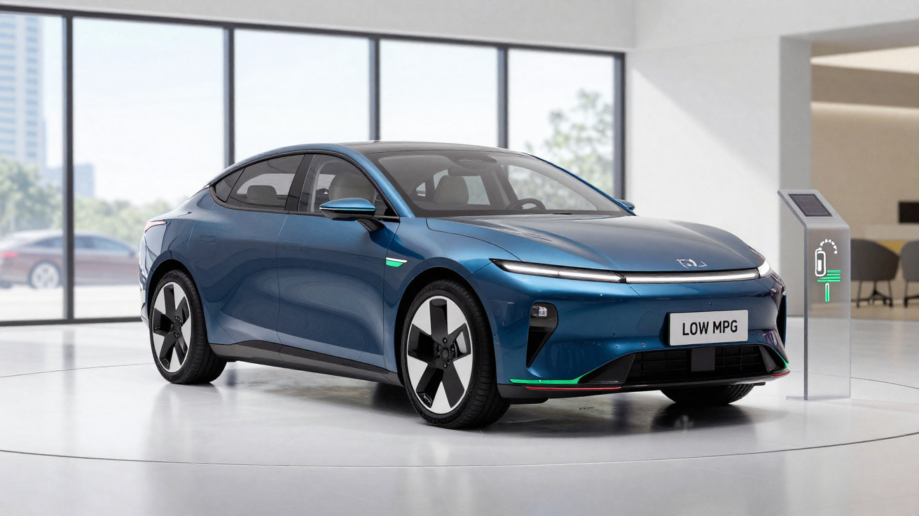 Carro elétrico azul estacionado em sala moderna com painel de carregamento ao lado direito.