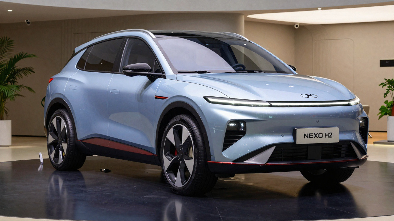 Carro elétrico compacto azul claro Nexo H2 estacionado em exposição interior moderna.