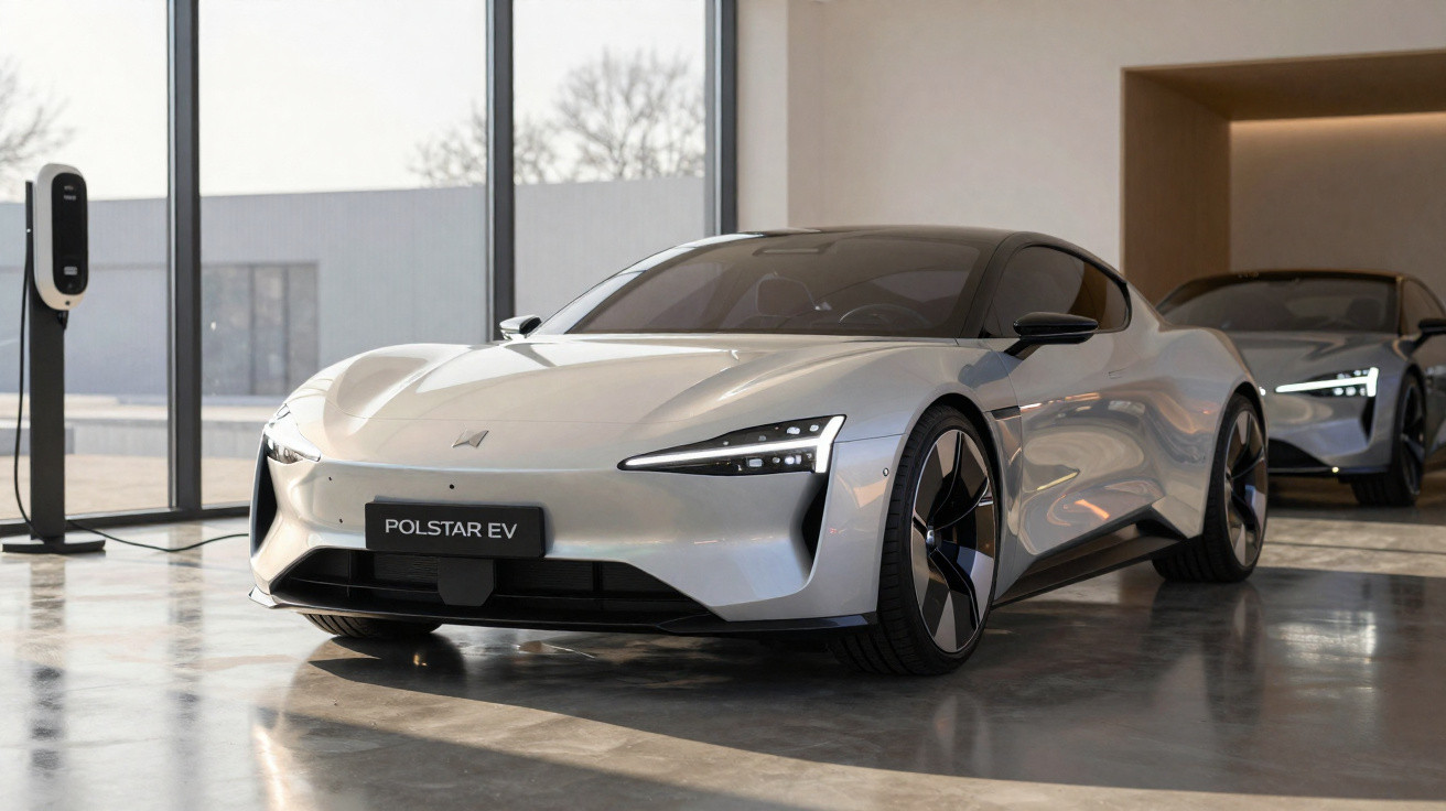 Carro elétrico desportivo Polestar EV branco estacionado em garagem moderna com carregador elétrico.