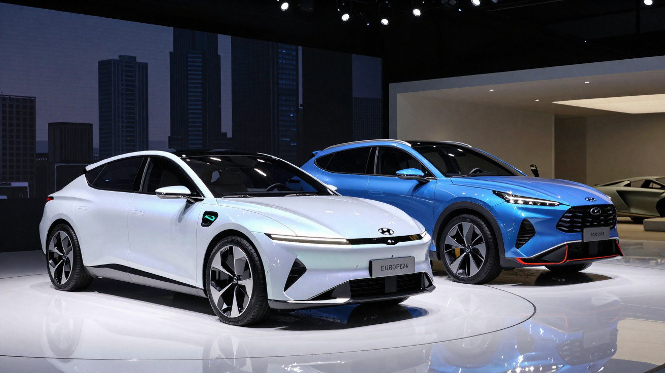 Dois carros elétricos Hyundai, um branco e um azul, expostos numa sala moderna com luzes no teto.