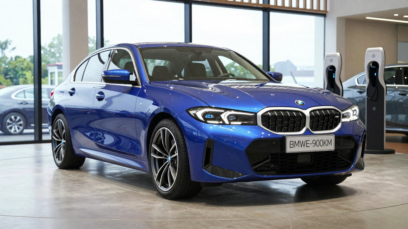 Carro BMW azul em exposição numa sala com grandes janelas e postos de carregamento elétrico ao fundo.