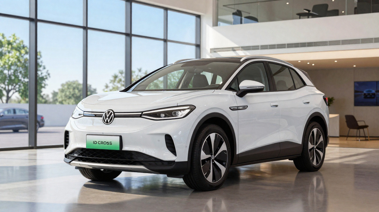 Carro elétrico Volkswagen ID. Cross branco exposto num salão moderno com grandes janelas.