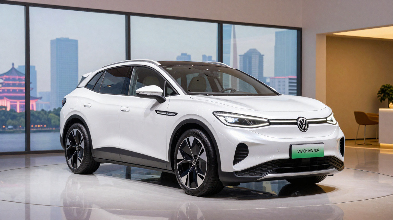 Carro elétrico branco Volkswagen exposto em sala moderna com grandes janelas e vista para edifícios na cidade.