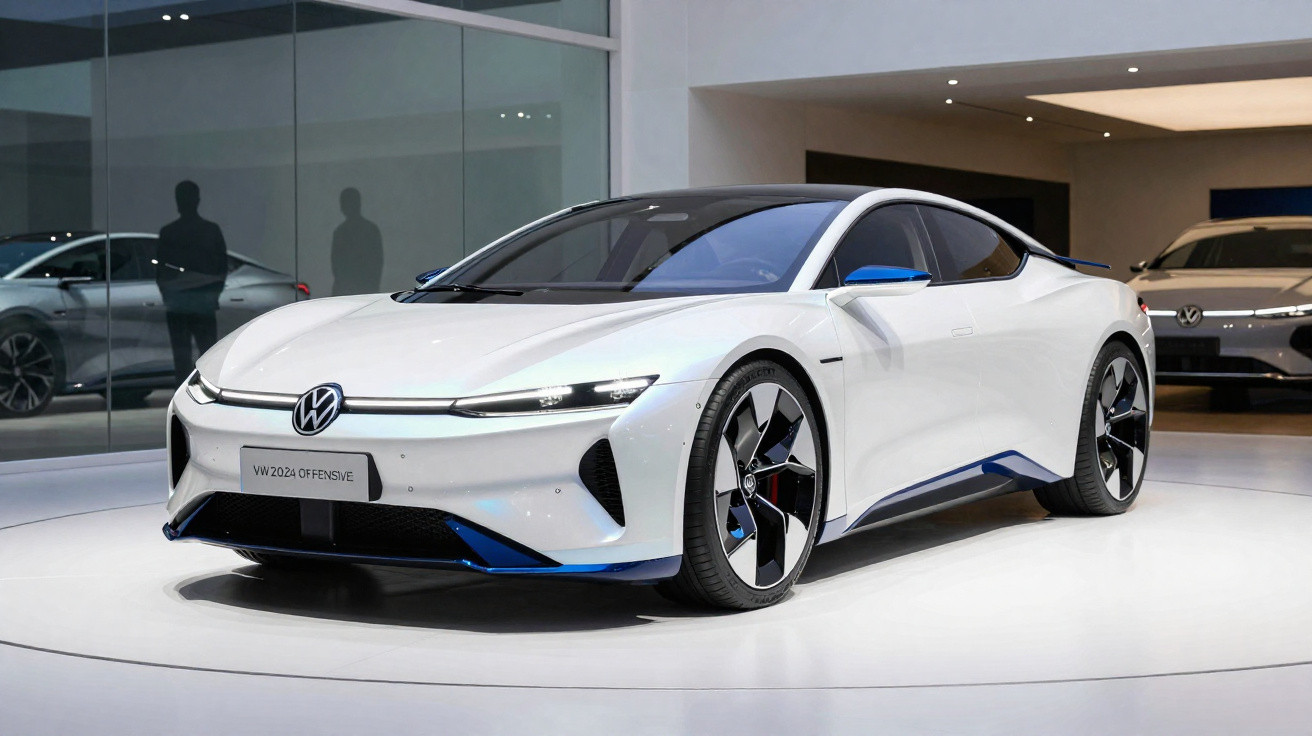 Carro desportivo elétrico branco Volkswagen VW 2024 OFFENSIVE em exposição numa sala moderna.