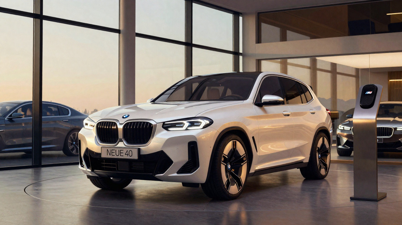 Carro elétrico BMW Neue 40 branco estacionado em interiores modernos com grande iluminação natural.