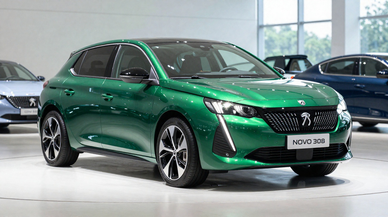 Peugeot Novo 308 verde exibido em showroom com jantes em liga leve e detalhes modernos no exterior.