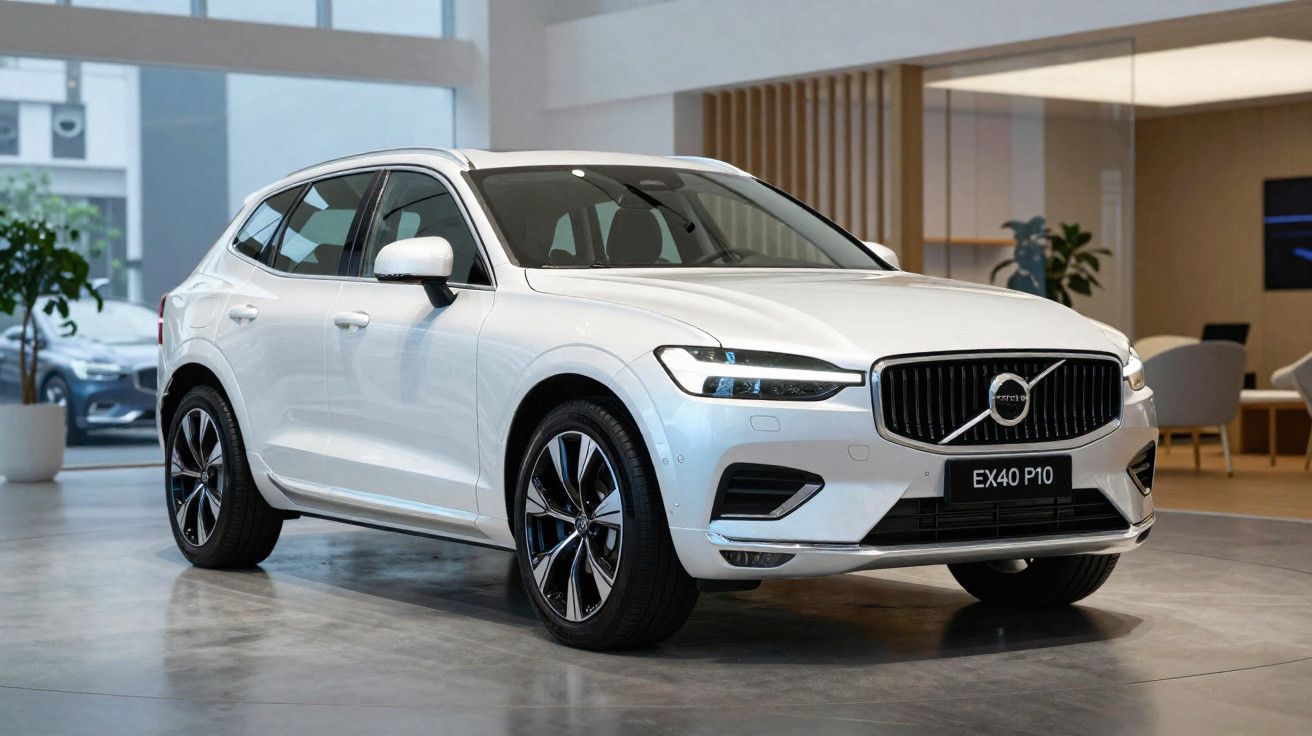 Carro Volvo EX40 P10 branco estacionado num showroom moderno, com iluminação natural e interior minimalista.