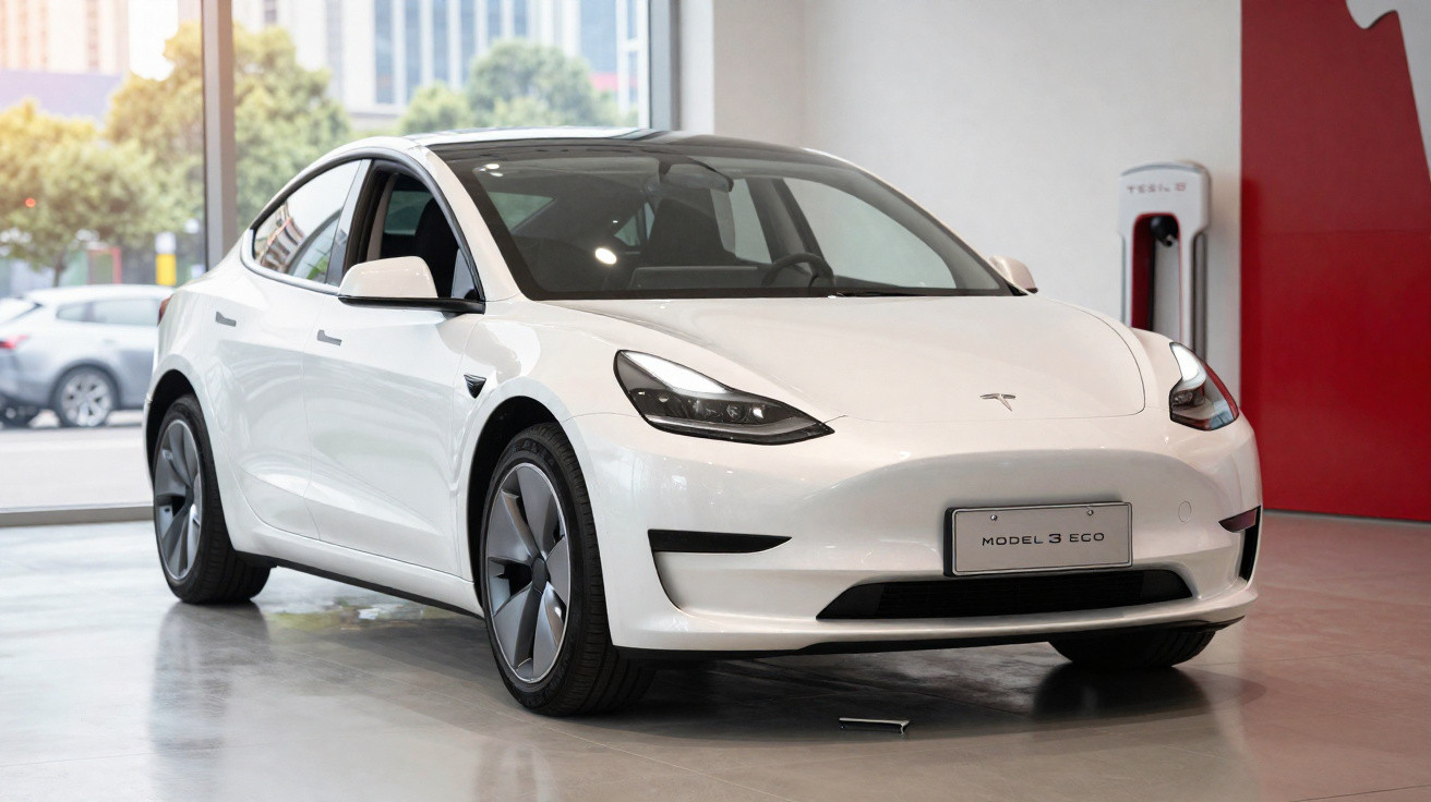 Automóvel elétrico Tesla Model 3 branco em exposição numa loja com carregador ao fundo.