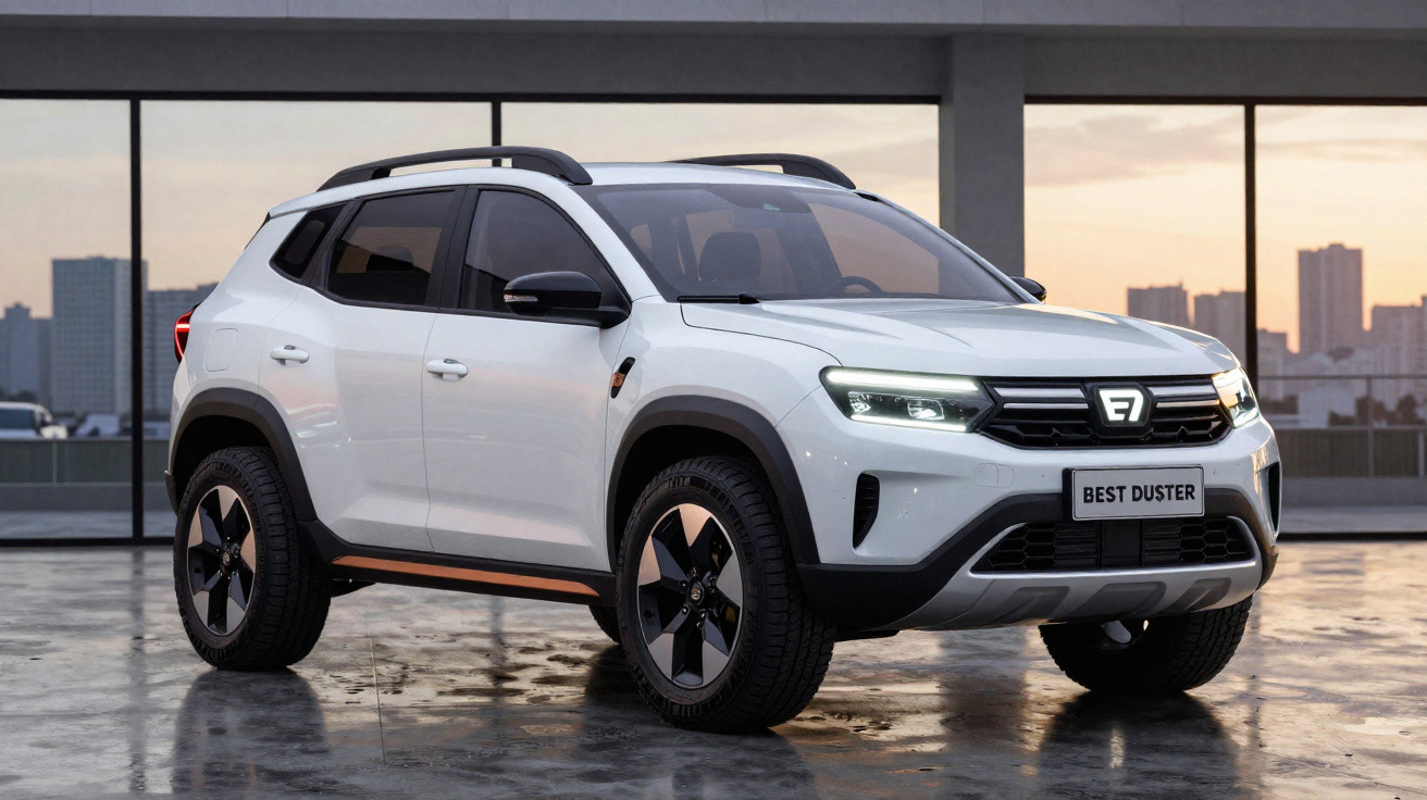 SUV branco Dacia Best Duster estacionado em pavimento molhado com edifícios ao fundo ao pôr do sol.