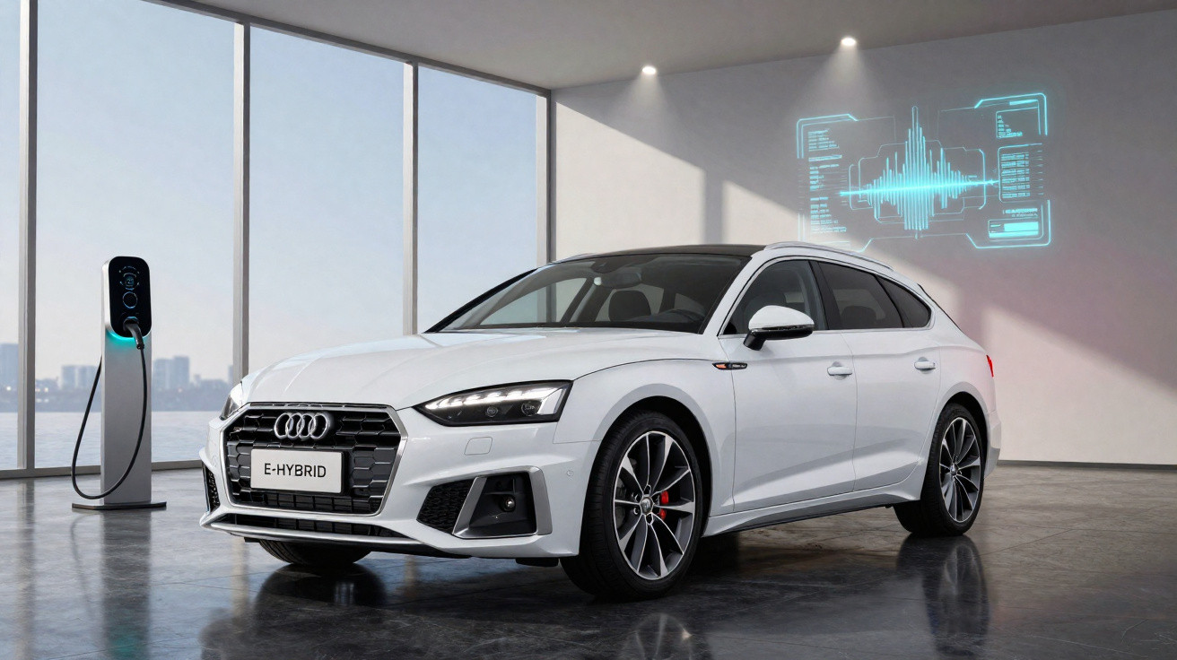 Automóvel Audi e-hybrid branco a carregar numa estação de carregamento numa garagem moderna com iluminação natural.