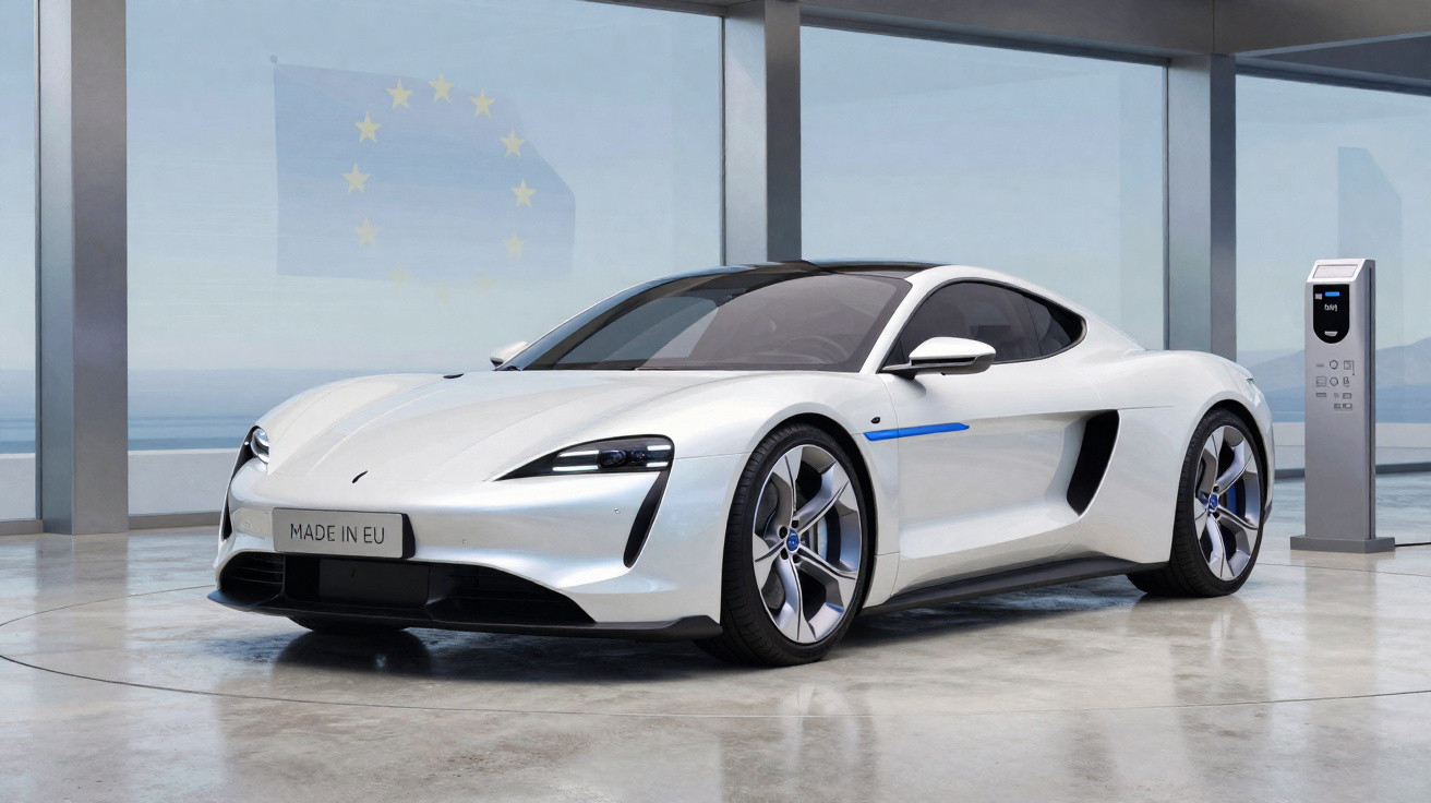 Carro desportivo elétrico branco estacionado junto a posto de carregamento em pavilhão moderno com vidro.