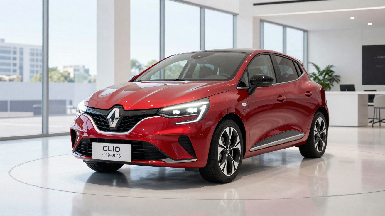 Carro Renault Clio vermelho, modelo 2019-2025, em exposição num showroom moderno e iluminado.
