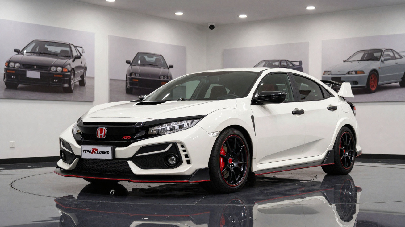 Carro desportivo branco Honda Civic Type R exposto em sala com fotos de carros clássicos nas paredes.