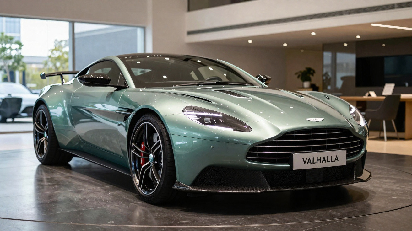 Carro desportivo verde metálico Aston Martin Valhalla em exposição numa sala moderna e iluminada.