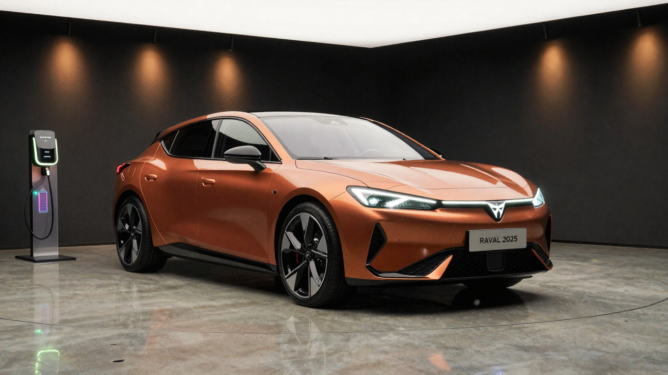 Carro elétrico compacto laranja Raval 2025 estacionado junto a posto de carregamento em fundo escuro.