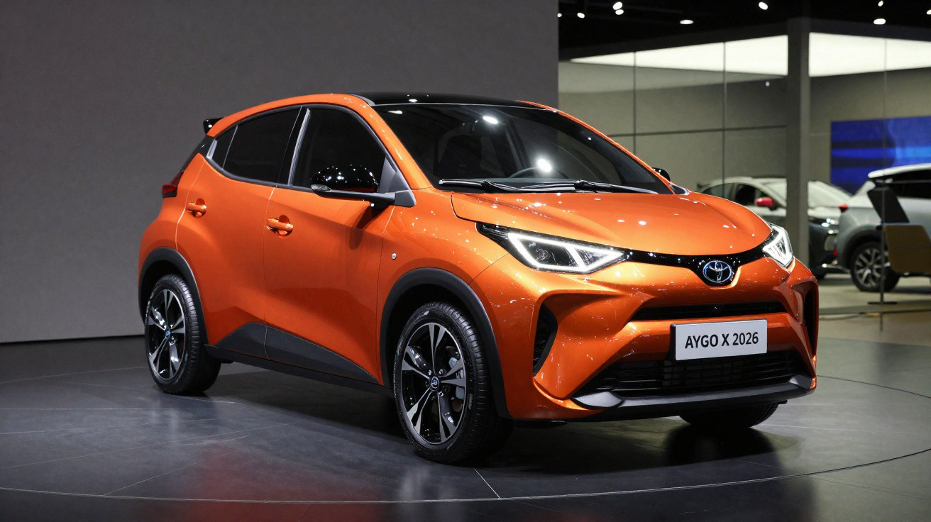 Carro Toyota Aygo X 2026 laranja exposto em espaço interior com iluminação focada.