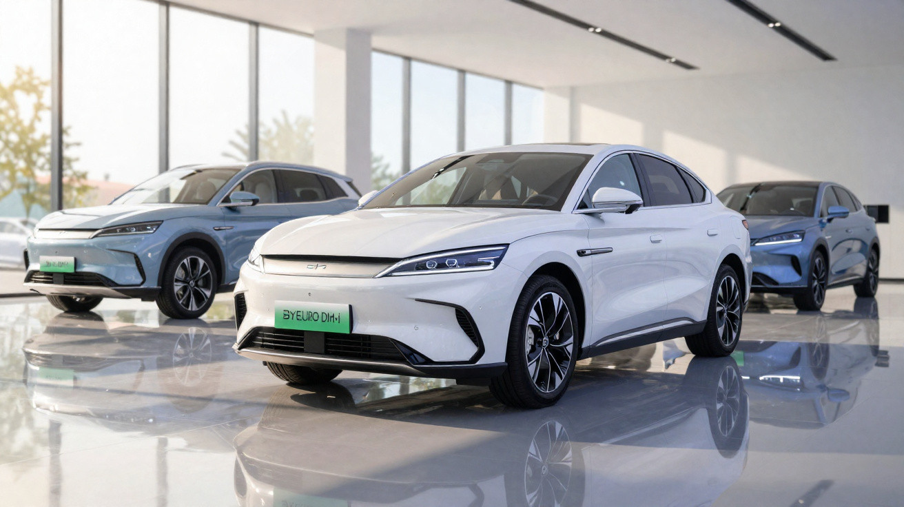 Três carros elétricos modernos expostos num salão com piso refletor e grandes janelas.